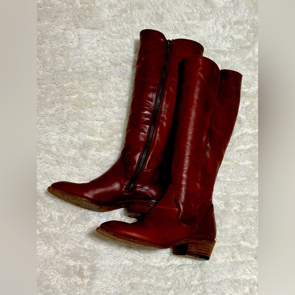 Burgundy Over the Knee Leather Boots with Glossy Finish
